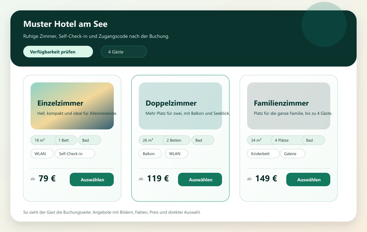 Locksty Gast-Buchungsseite: freie Zimmer mit Preis pro Nacht
